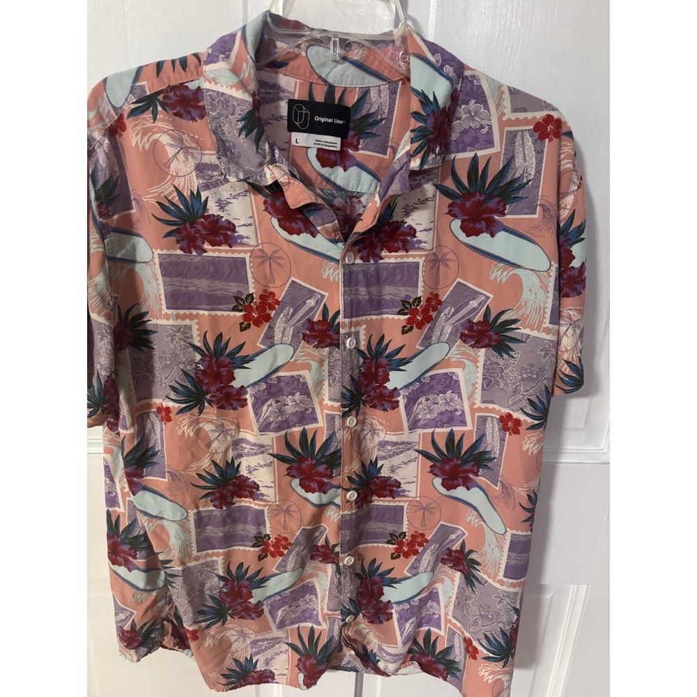 Original Use Men Button Up Shirt Large Purple Floral Hawaiian Surf Hibiscus